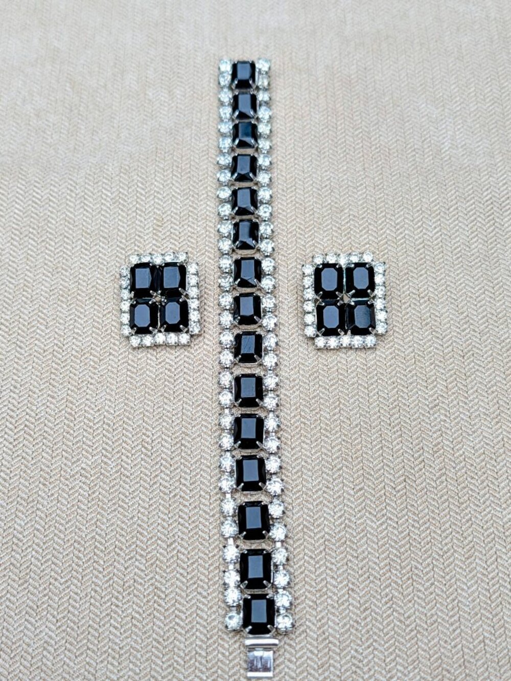 Art Deco Silver Tone Black Glass Rhinestone Statement Bracelet & Earring Set